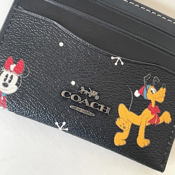 Disney x Coach Slim ID Card Case Holiday CN032 Black Leather Minnie Pluto ORGPKG - Picture 5 of 8